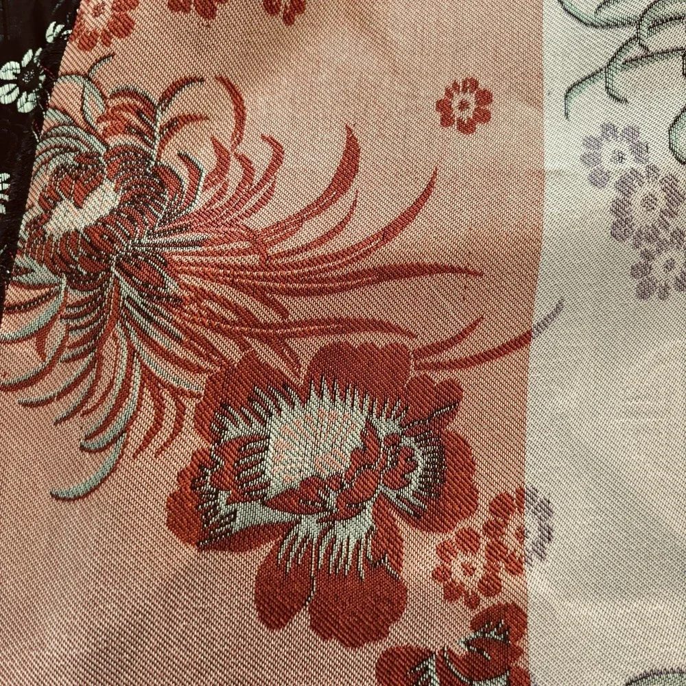 VTG Chinese Floral Brocade Fabric Black Background Shou Symbol Chrysanthemum 2yd